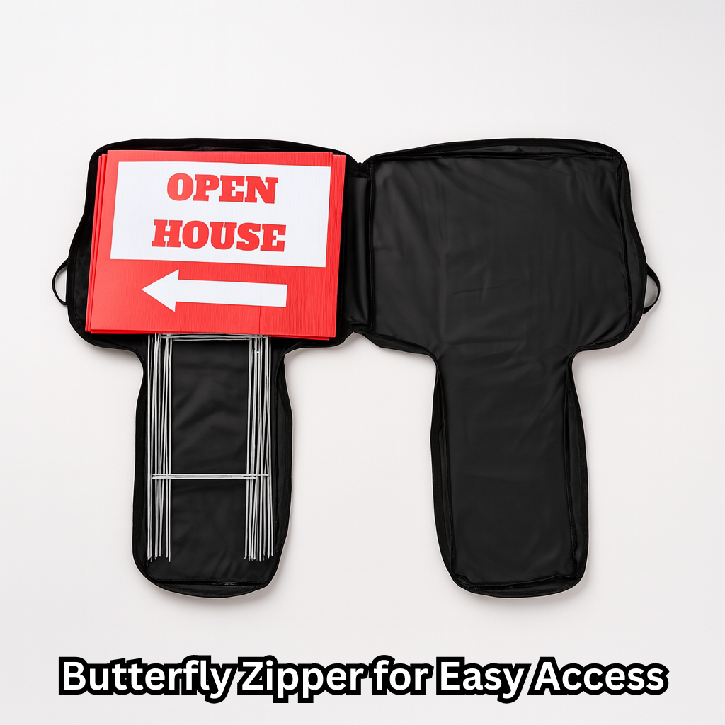 Black carrying case with open house sign and butterfly zipper on a white background
