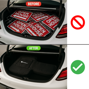Comparison of a car trunk with 'Open House' signs before and after using a sign bag organizer.