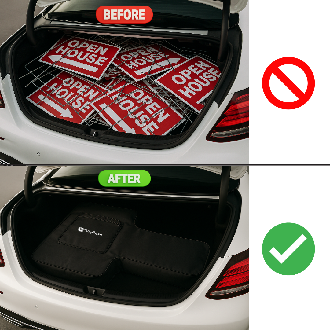 Comparison of a car trunk with 'Open House' signs before and after using a sign bag organizer.