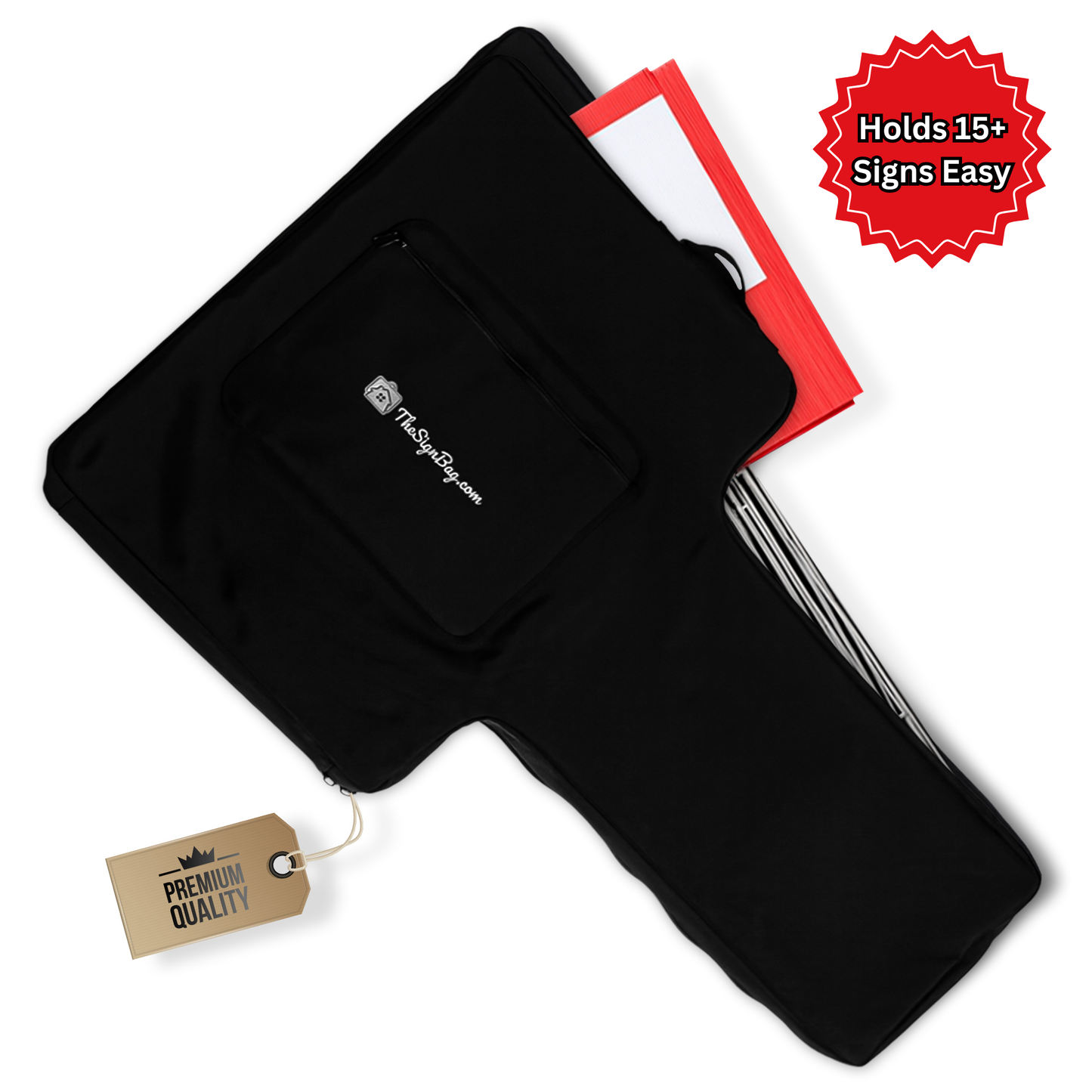 Crafted from heavy-duty, weather-resistant nylon with reinforced handles, this professional carrying case securely holds up to 15 18x24" yard signs—even with stakes already inserted—for fast, effortless setup at any open house or showing.